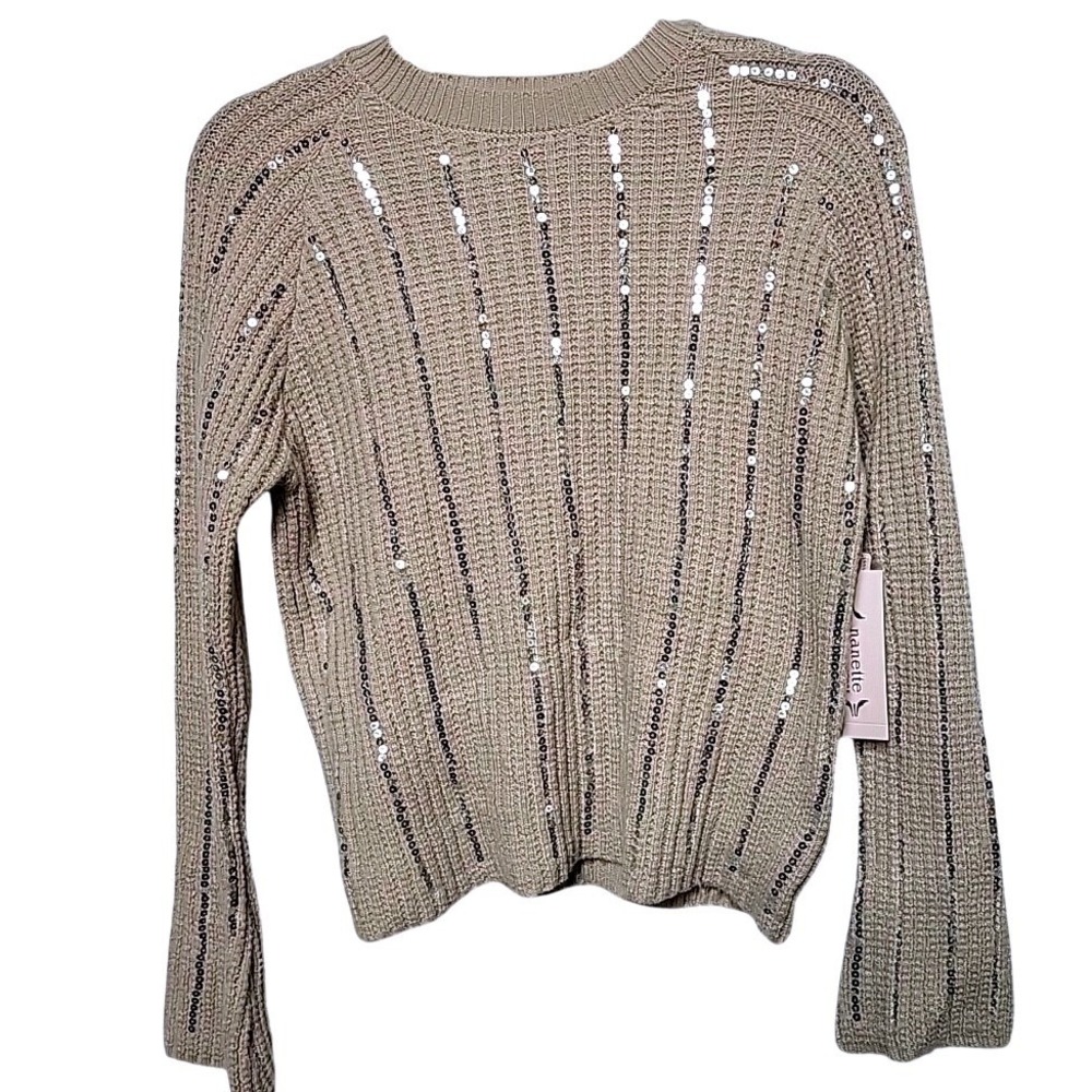 Nanette Lepore Womens Tan‎ Silver Sequin Stripe Ribbed Knit Sweater Medium  NEW